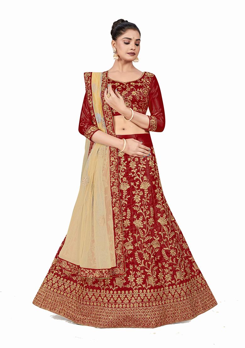 Maroon Zari Embroidered Satin Silk Lehenga Set - Indya