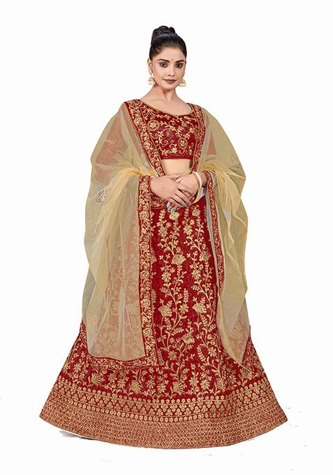 Maroon Zari Embroidered Satin Silk Lehenga Set