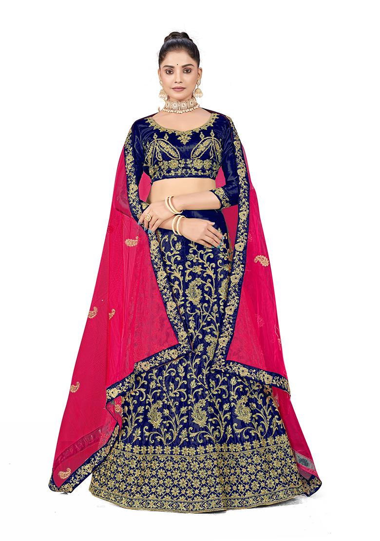 Blue Zari Embroidered Satin Silk Lehenga Set