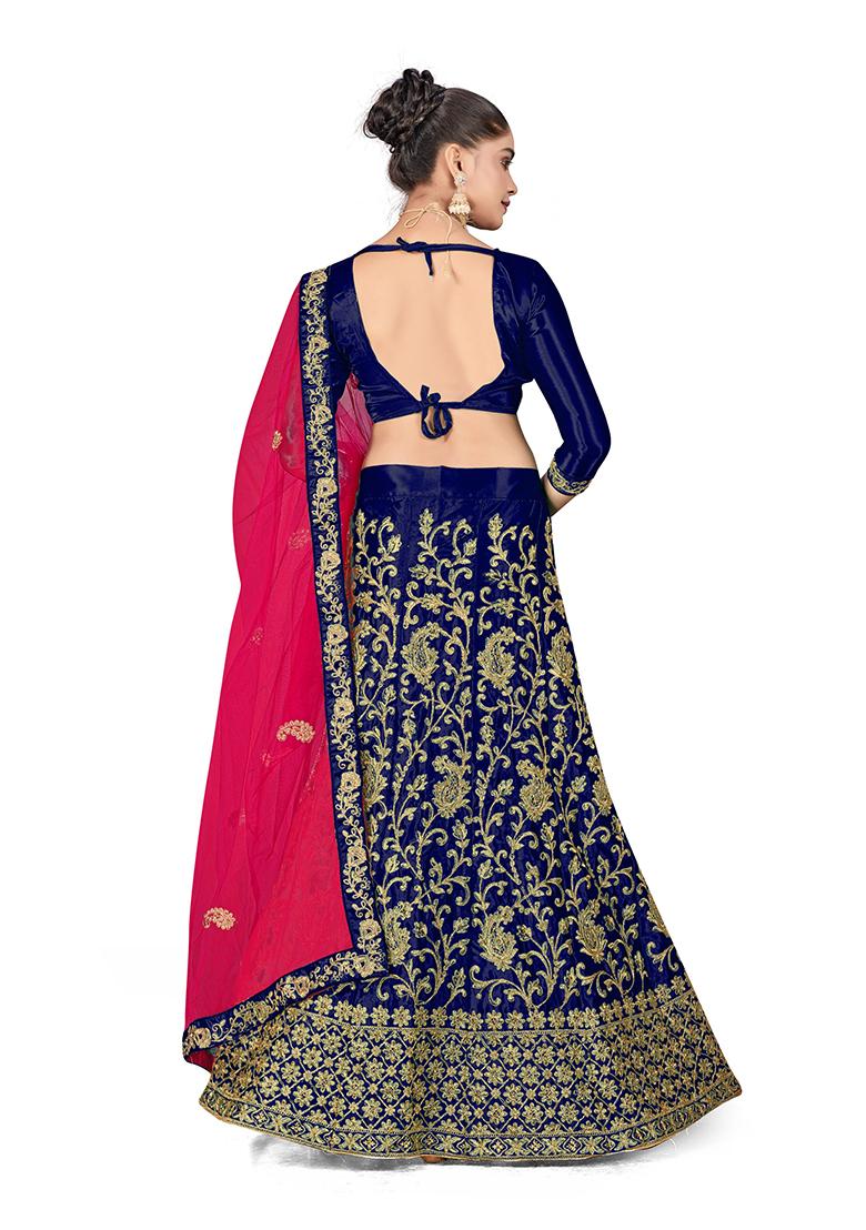 Blue Zari Embroidered Satin Silk Lehenga Set