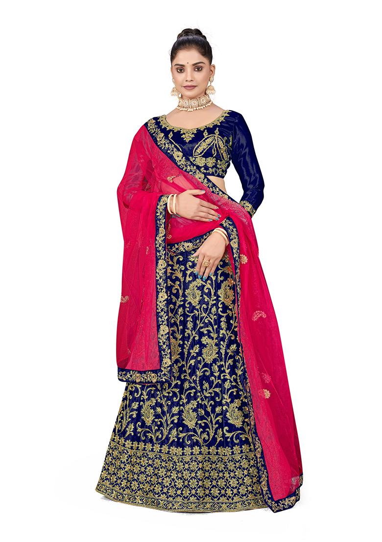 Blue Zari Embroidered Satin Silk Lehenga Set