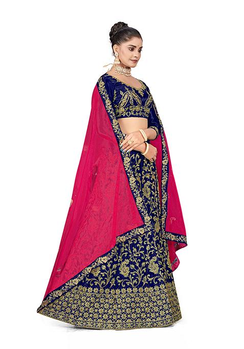 Blue Zari Embroidered Satin Silk Lehenga Set