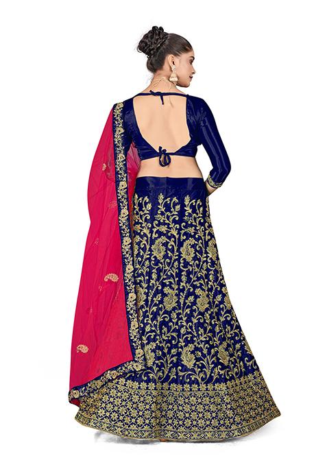 Blue Zari Embroidered Satin Silk Lehenga Set