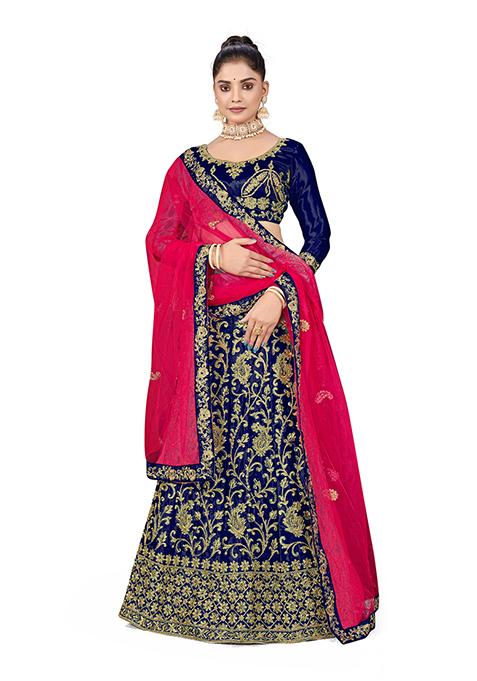 Blue Zari Embroidered Satin Silk Lehenga Set