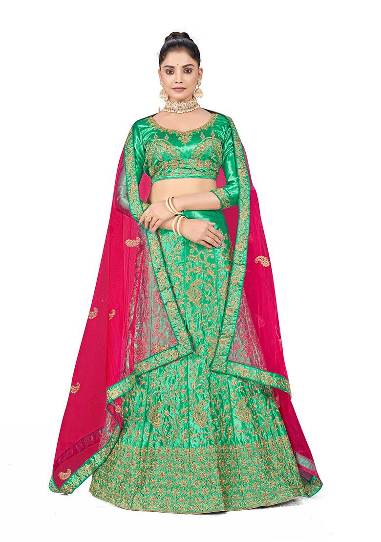 Green Zari Embroidered Satin Silk Lehenga Set