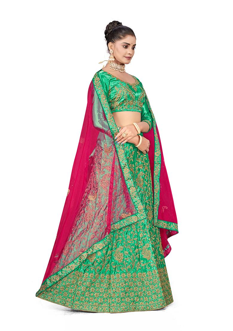 Green Zari Embroidered Satin Silk Lehenga Set
