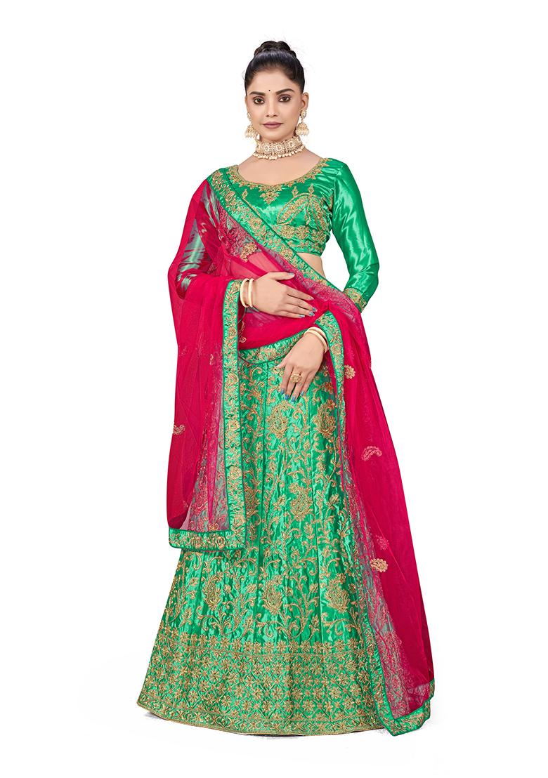 Green Zari Embroidered Satin Silk Lehenga Set