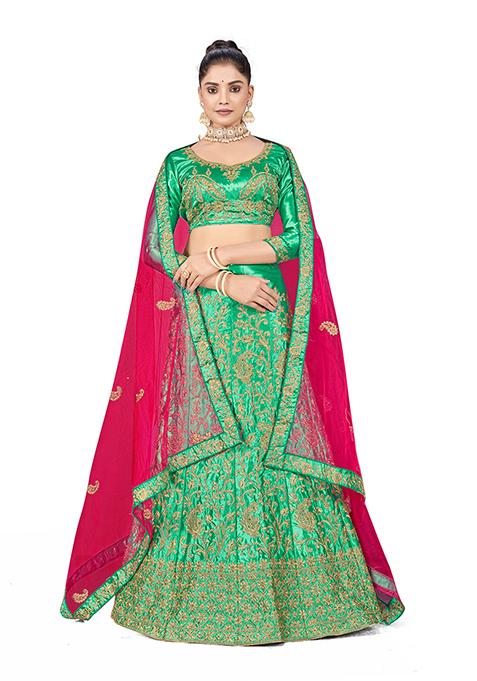 Green Zari Embroidered Satin Silk Lehenga Set