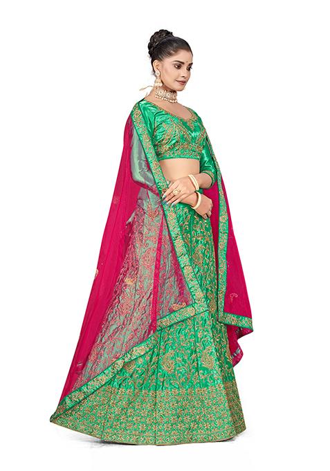 Green Zari Embroidered Satin Silk Lehenga Set