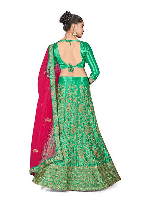 Green Zari Embroidered Satin Silk Lehenga Set