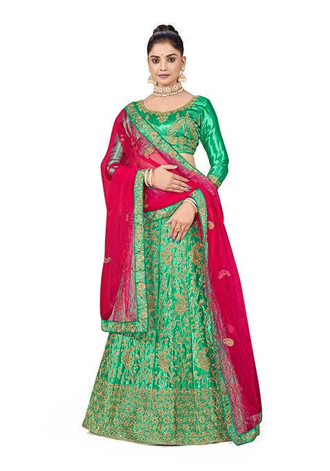 Green Zari Embroidered Satin Silk Lehenga Set