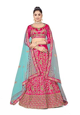 Pink Zari Embroidered Satin Silk Lehenga Set
