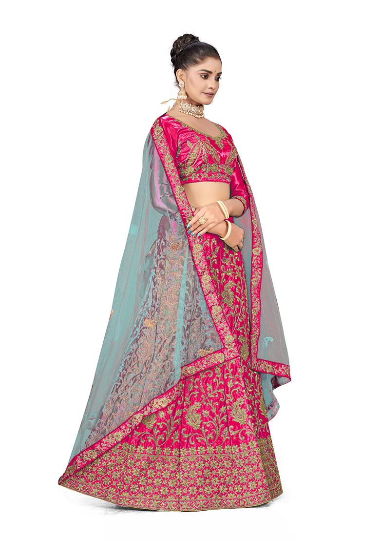 Pink Zari Embroidered Satin Silk Lehenga Set