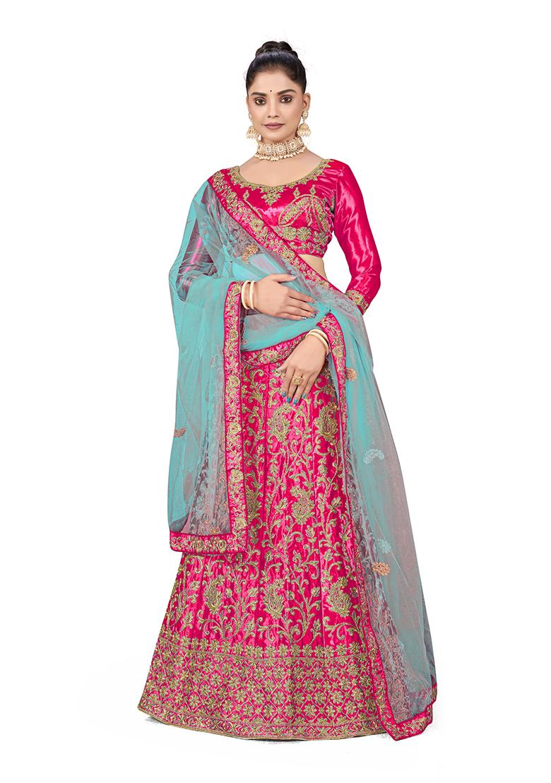 Pink Zari Embroidered Satin Silk Lehenga Set