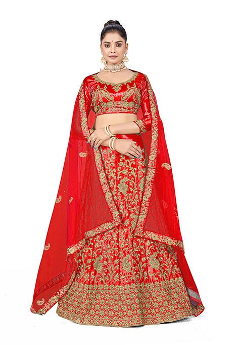 Red Zari Embroidered Satin Silk Lehenga Set