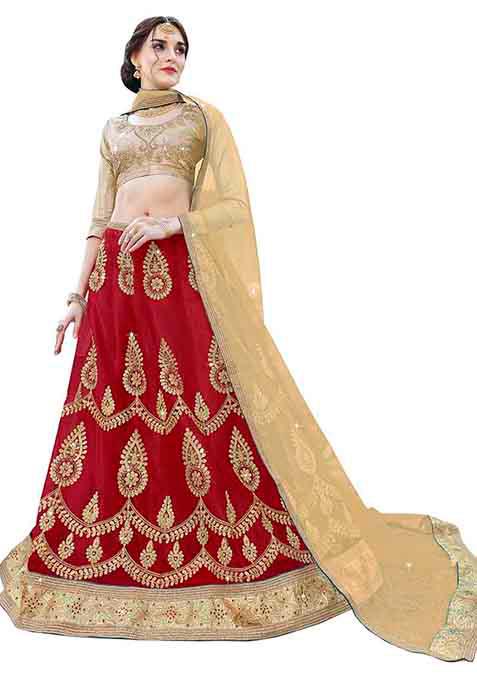 Red Embroidered Net Lehenga Set