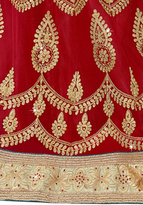 Red Embroidered Net Lehenga Set