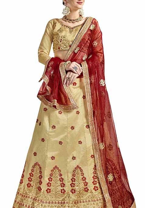 Beige Embroidered Bangalori Silk Lehenga Set