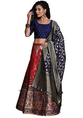 Red Woven Banarasi Silk Lehenga Set