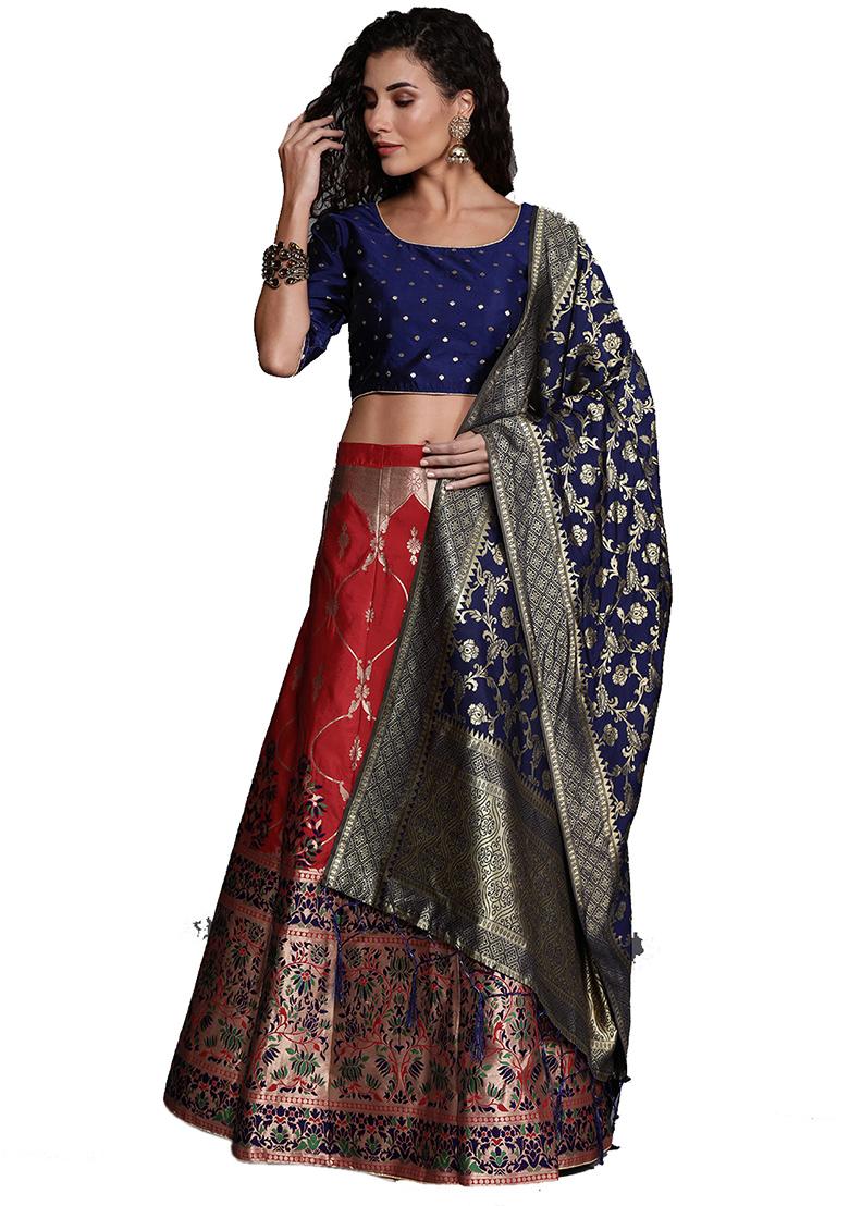 Red Woven Banarasi Silk Lehenga Set