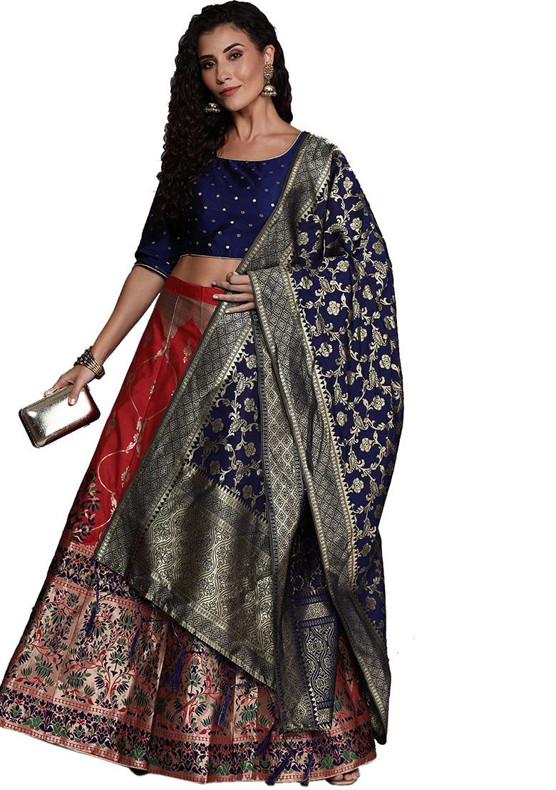Red Woven Banarasi Silk Lehenga Set