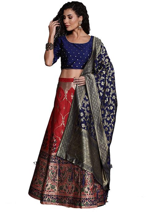 Red Woven Banarasi Silk Lehenga Set