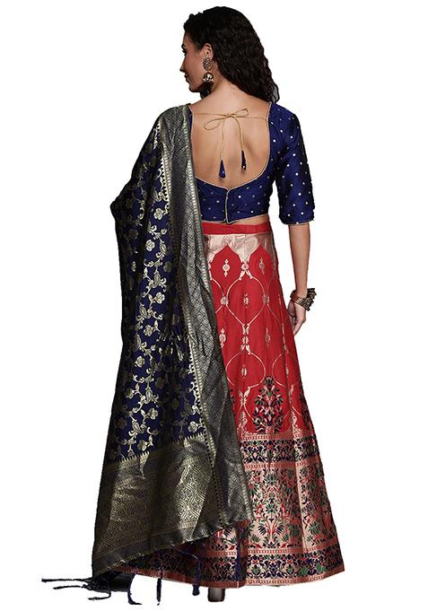 Red Woven Banarasi Silk Lehenga Set