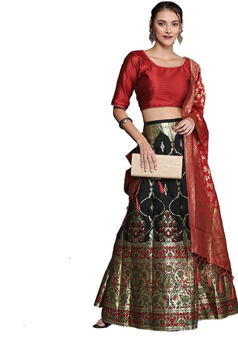 Black Woven Banarasi Silk Lehenga Set