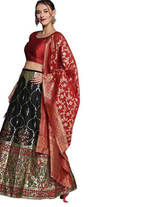 Black Woven Banarasi Silk Lehenga Set