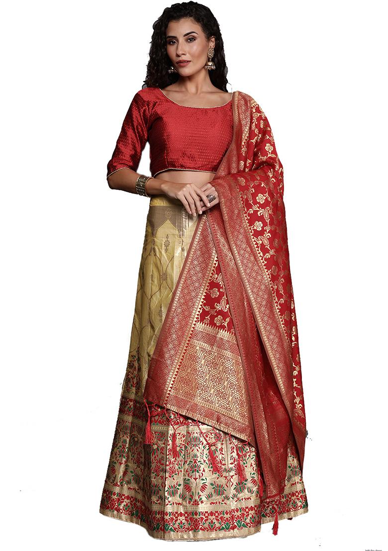 Beige Woven Banarasi Silk Lehenga Set