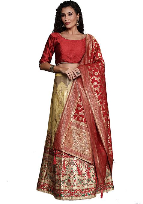 Beige Woven Banarasi Silk Lehenga Set