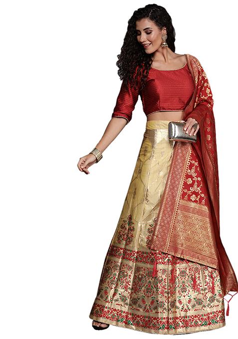 Beige Woven Banarasi Silk Lehenga Set