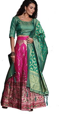 Pink Woven Banarasi Silk Lehenga Set
