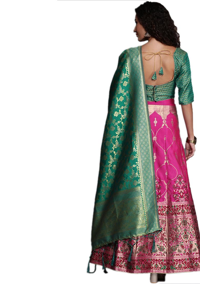 Pink Woven Banarasi Silk Lehenga Set