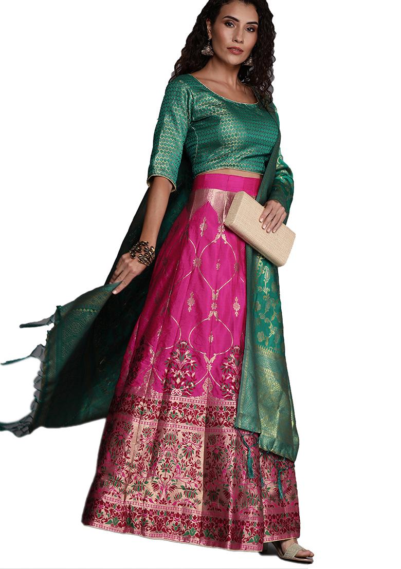 Pink Woven Banarasi Silk Lehenga Set