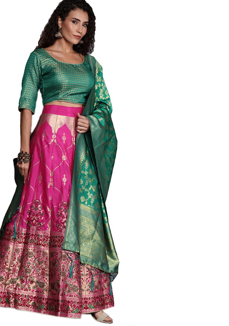 Pink Woven Banarasi Silk Lehenga Set