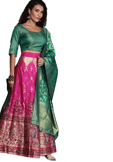Pink Woven Banarasi Silk Lehenga Set