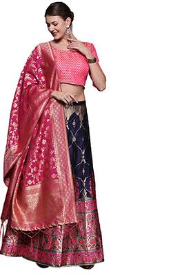 Navy Blue Woven Banarasi Silk Lehenga Set