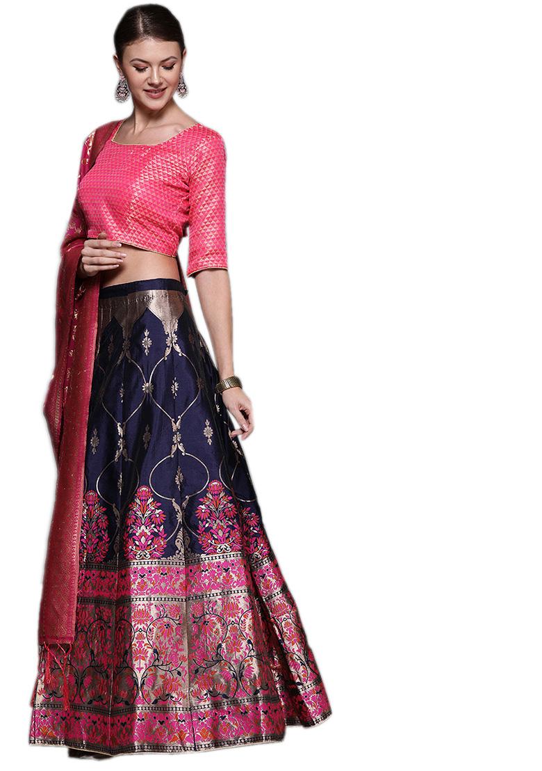 Navy Blue Woven Banarasi Silk Lehenga Set