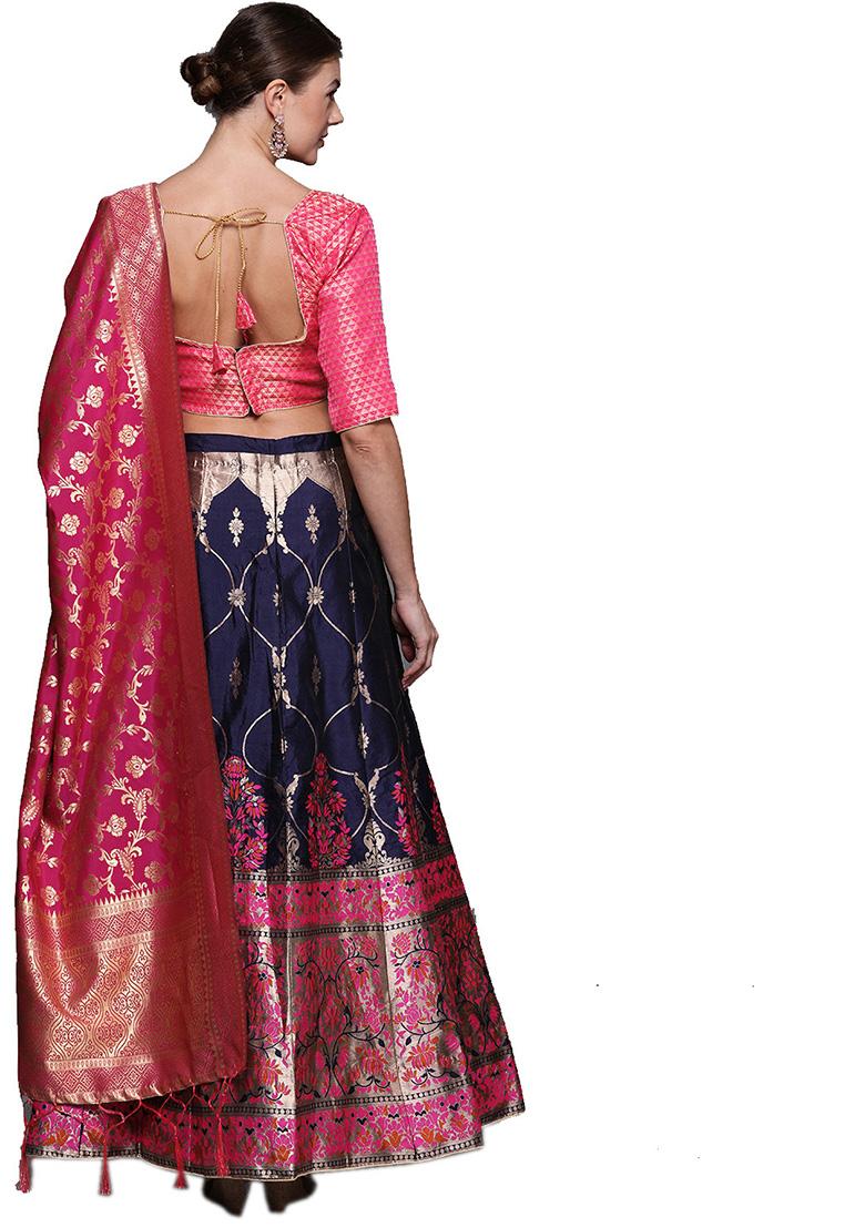 Navy Blue Woven Banarasi Silk Lehenga Set