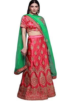 Pink Embroidered Satin Silk Lehenga Set