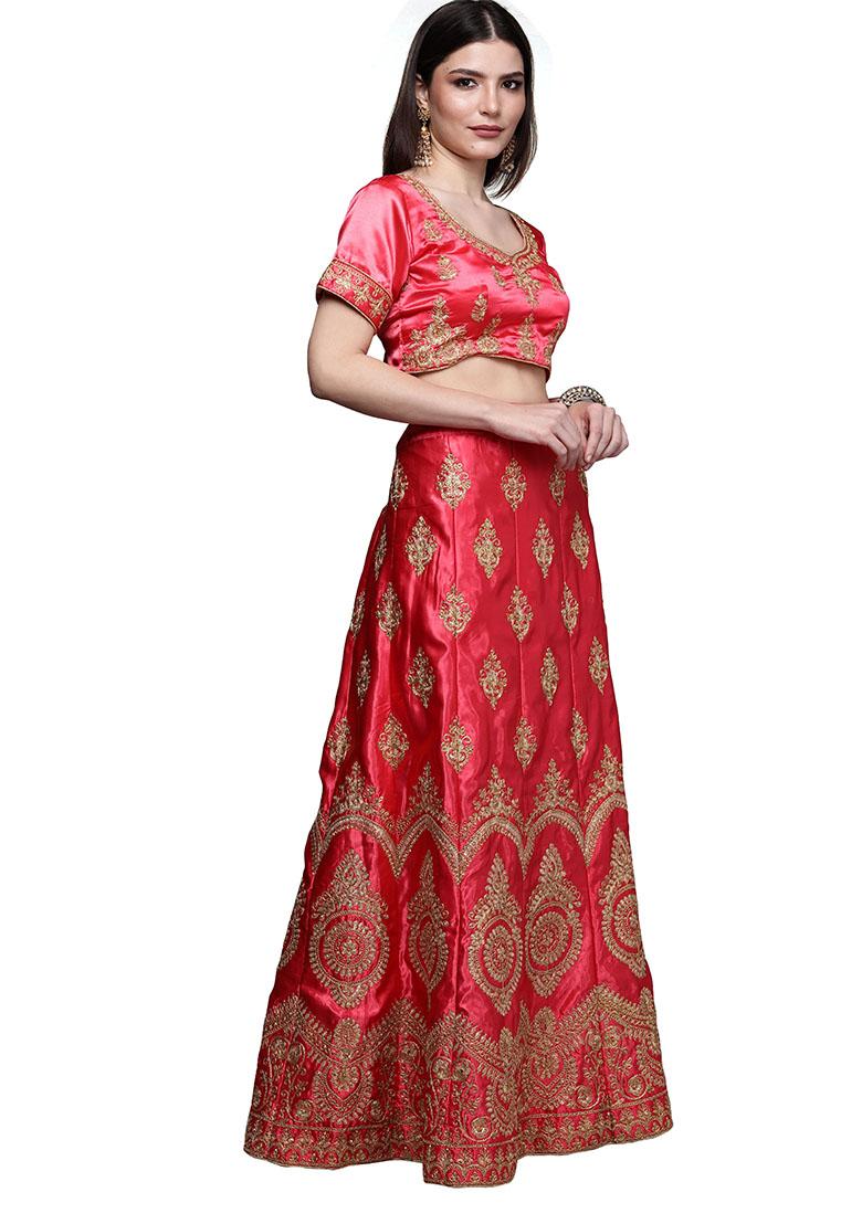 Pink Embroidered Satin Silk Lehenga Set