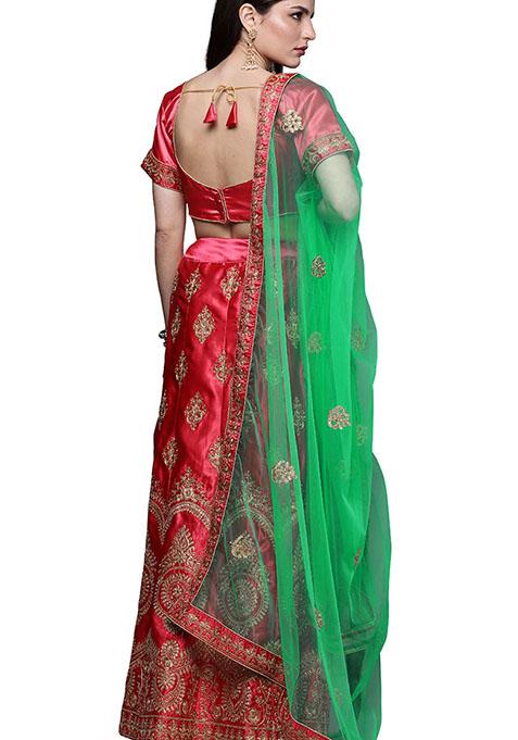 Pink Embroidered Satin Silk Lehenga Set