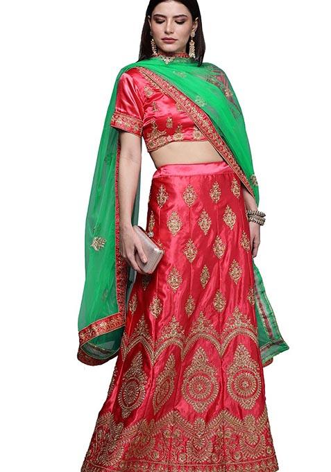 Pink Embroidered Satin Silk Lehenga Set