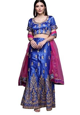 Royal Blue Embroidered Satin Silk Blend Lehenga Set