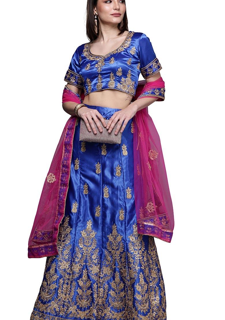 Royal Blue Embroidered Satin Silk Lehenga Set