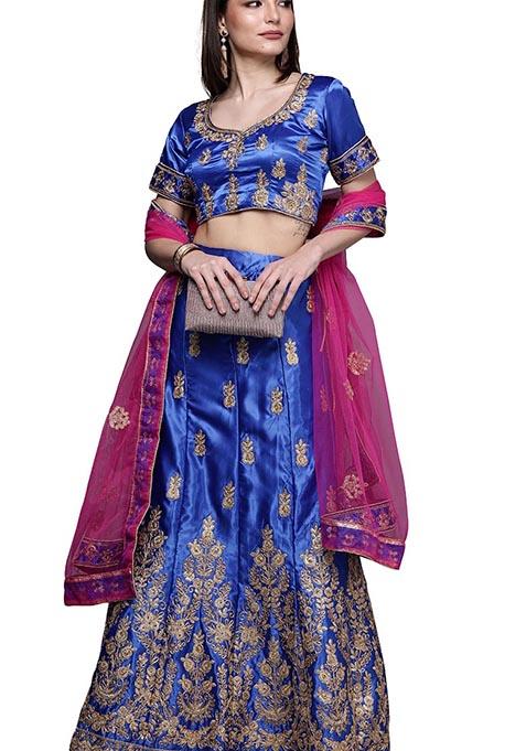Royal Blue Embroidered Satin Silk Lehenga Set