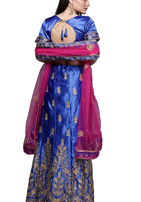 Royal Blue Embroidered Satin Silk Lehenga Set