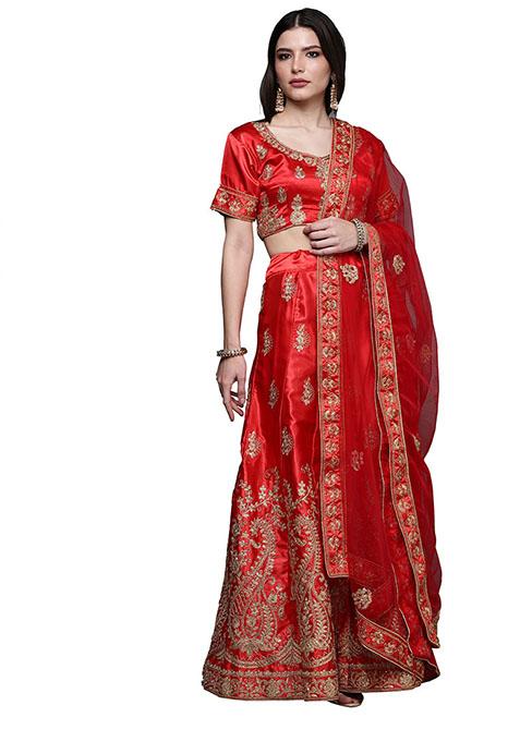 Red Embroidered Satin Silk Blend Lehenga Set