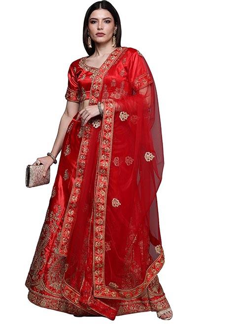 Red Embroidered Satin Silk Lehenga Set